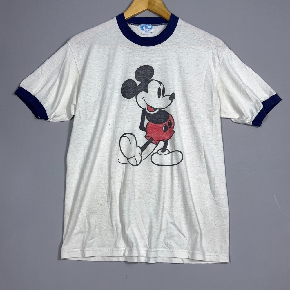 Vintage 80s Disney Mickey Mouse Ringer T-Shirt Mens Large White Made USA Soft